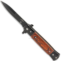 Falcon Black Spring Assisted Classic Style Stiletto Knife w Cherry Wood Scales 3.75"