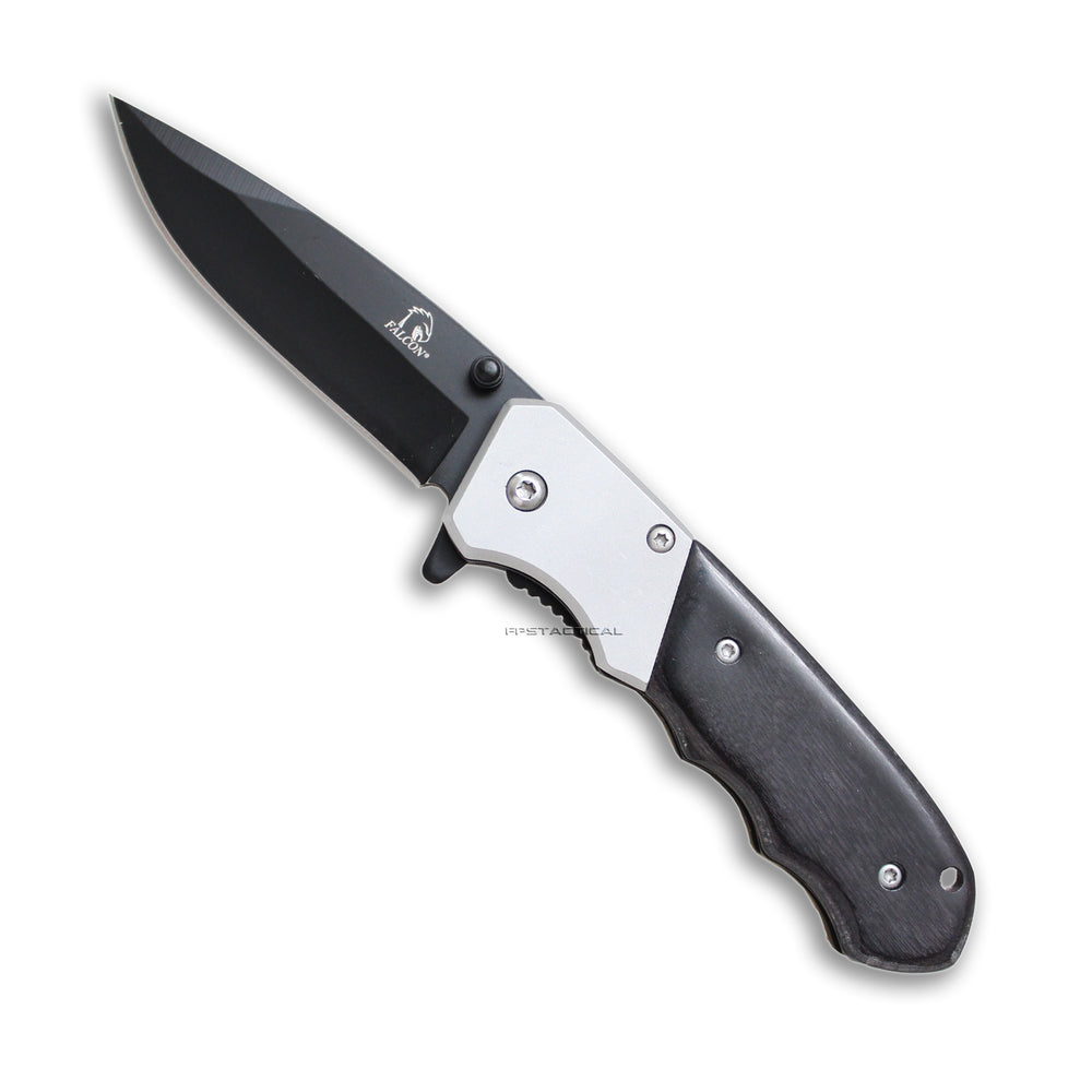 Falcon Compact Drop Point Black and Silver Ash Wood Spring Assisted Knife 3