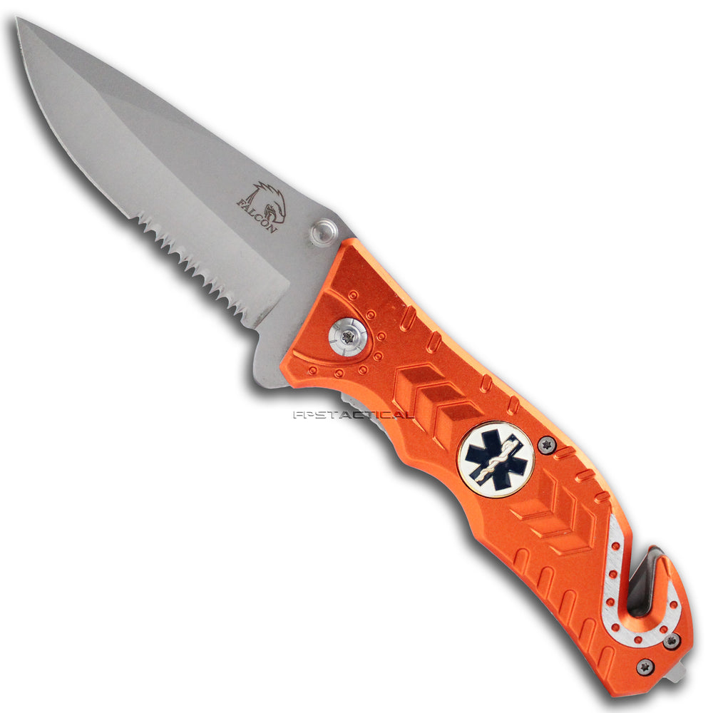 Falcon Spring Assisted EMS / EMT Folding Rescue Knife Orange & Silver 3.5