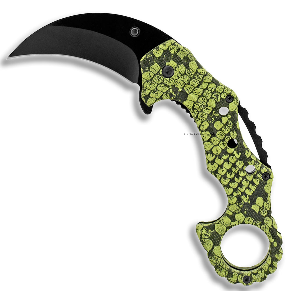 Falcon Black & Green Snakeskin Karambit Spring Assisted Knife with ABS Scales 2.5
