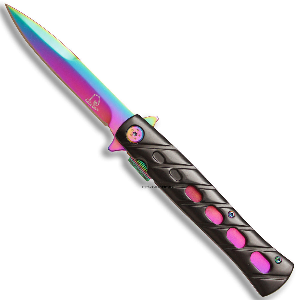 Falcon KS1108RB Iridescent and Black Grooved Handle Spring Assisted Stiletto Knife 4