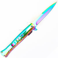 Falcon Pearl Iridescent Rainbow / Mirror Finish Spring Assisted Stiletto Knife 4"
