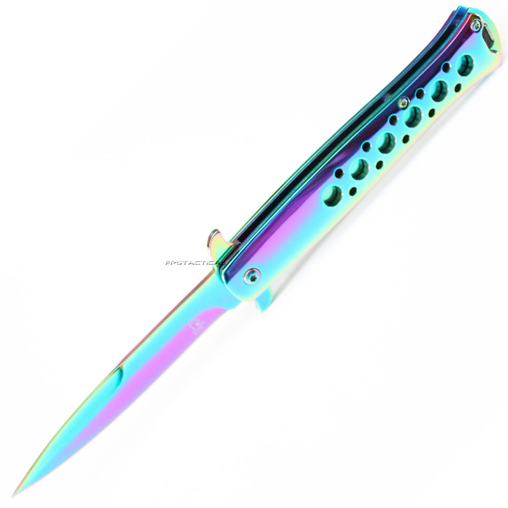 Falcon Pearl Iridescent Rainbow / Mirror Finish Spring Assisted Stiletto Knife 4