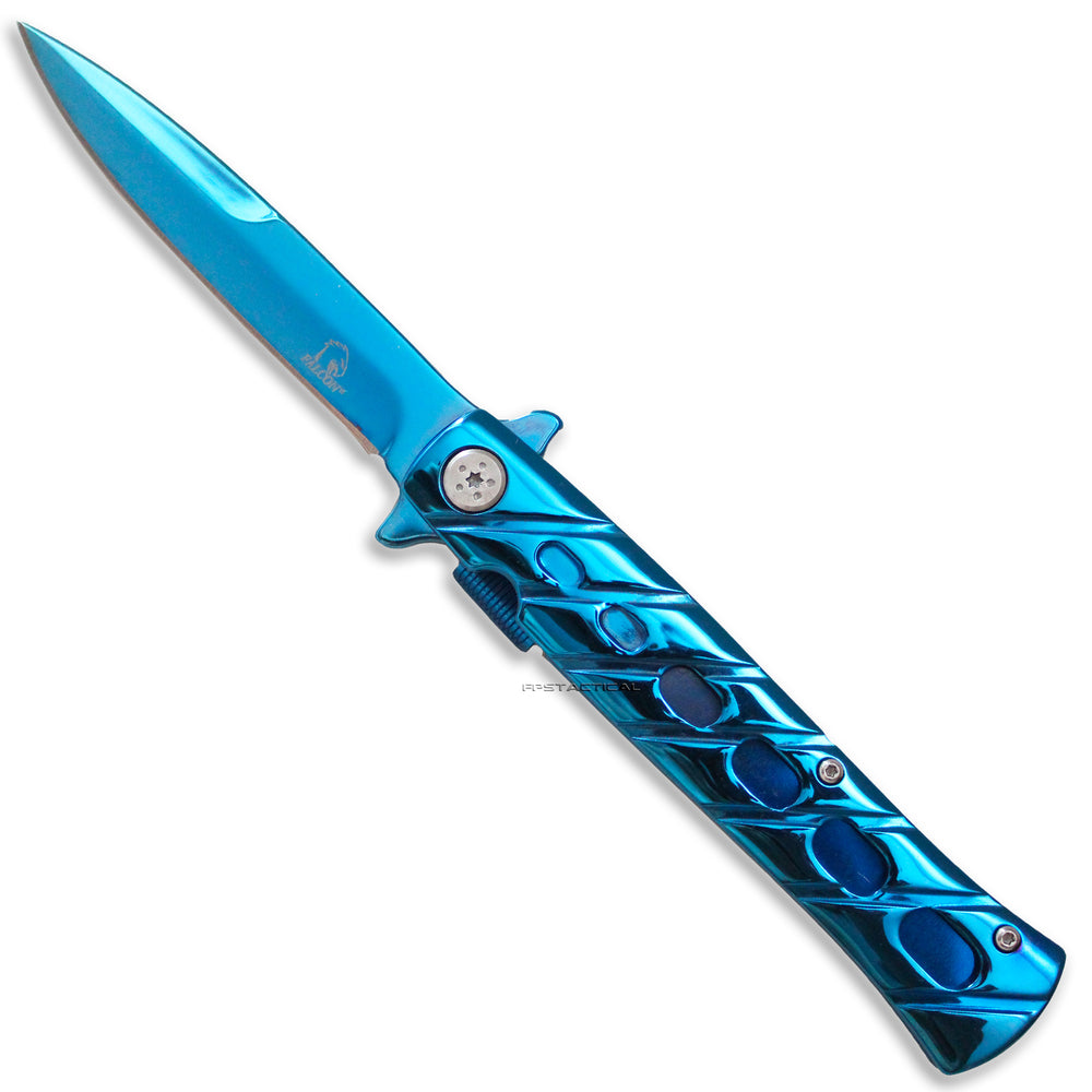 Falcon KS1108BT Mirror Blue Stainless Steel Grooved Handle Spring Assisted Stiletto Knife 4