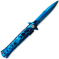 Falcon KS1108BT Mirror Blue Stainless Steel Grooved Handle Spring Assisted Stiletto Knife 4"