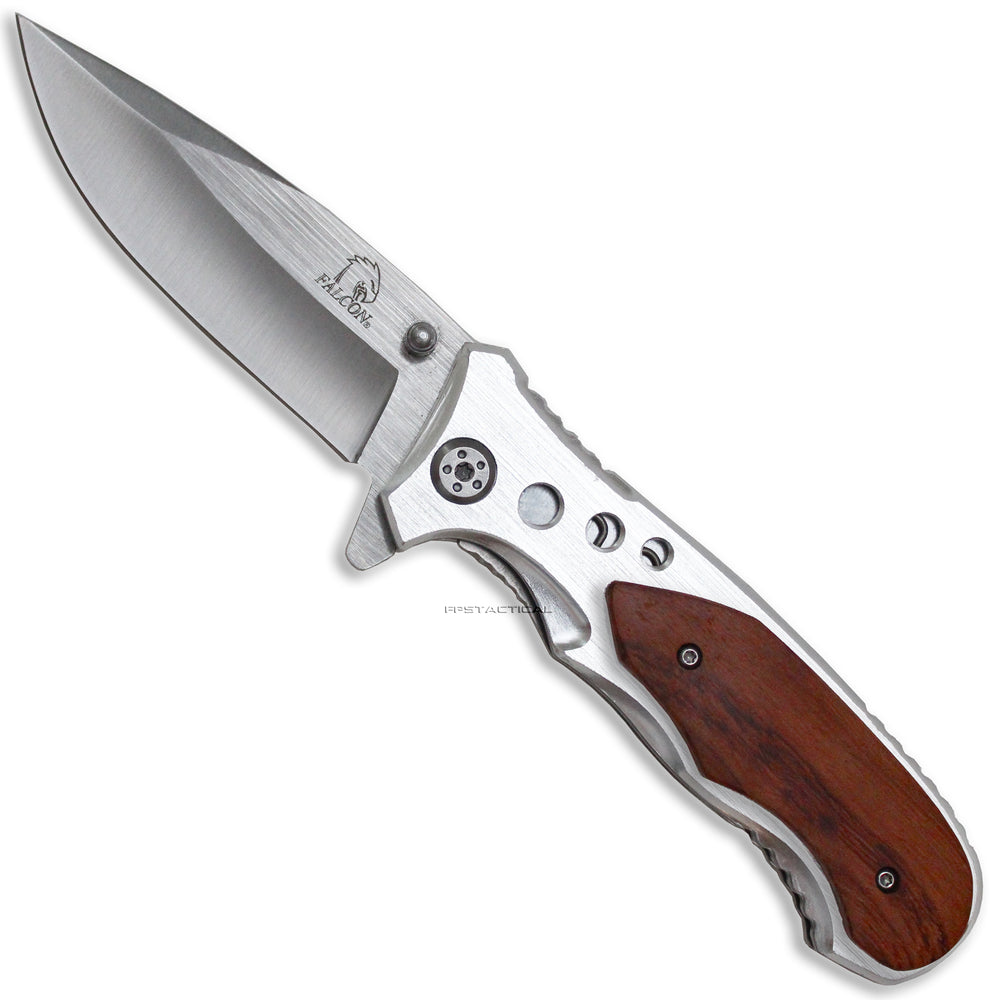 Falcon Classic Silver Spring Assisted EDC / Hunting Knife with Wood Inlay 3.25