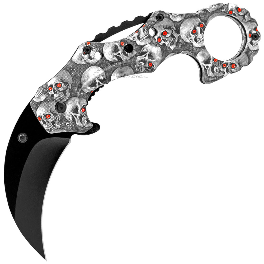 Falcon Black & White Karambit Spring Assisted Knife with ABS Skull Print Scales 2.5