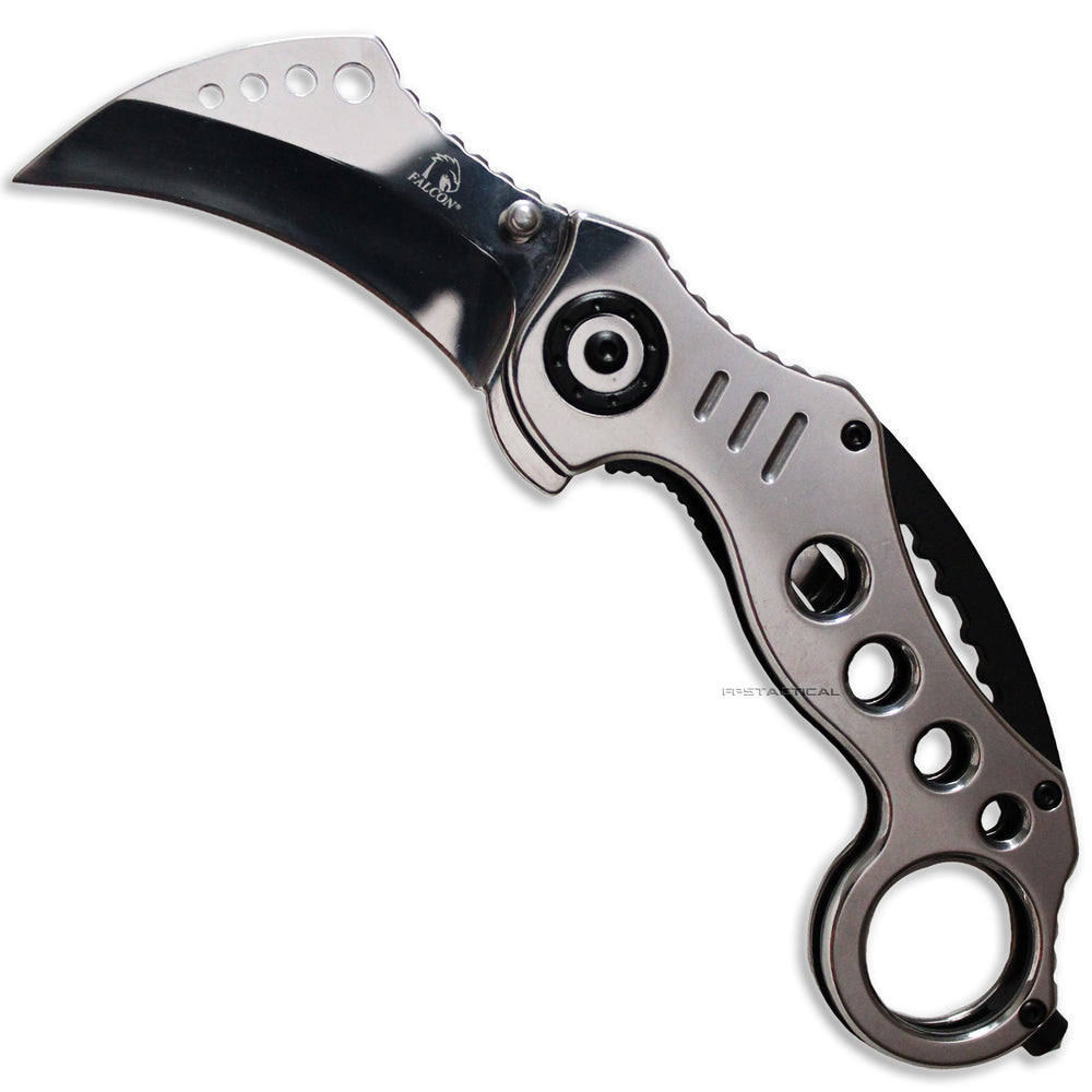 Falcon Mirror Finish / Chrome Silver Karambit Spring Assisted Tactical Knife 2.5