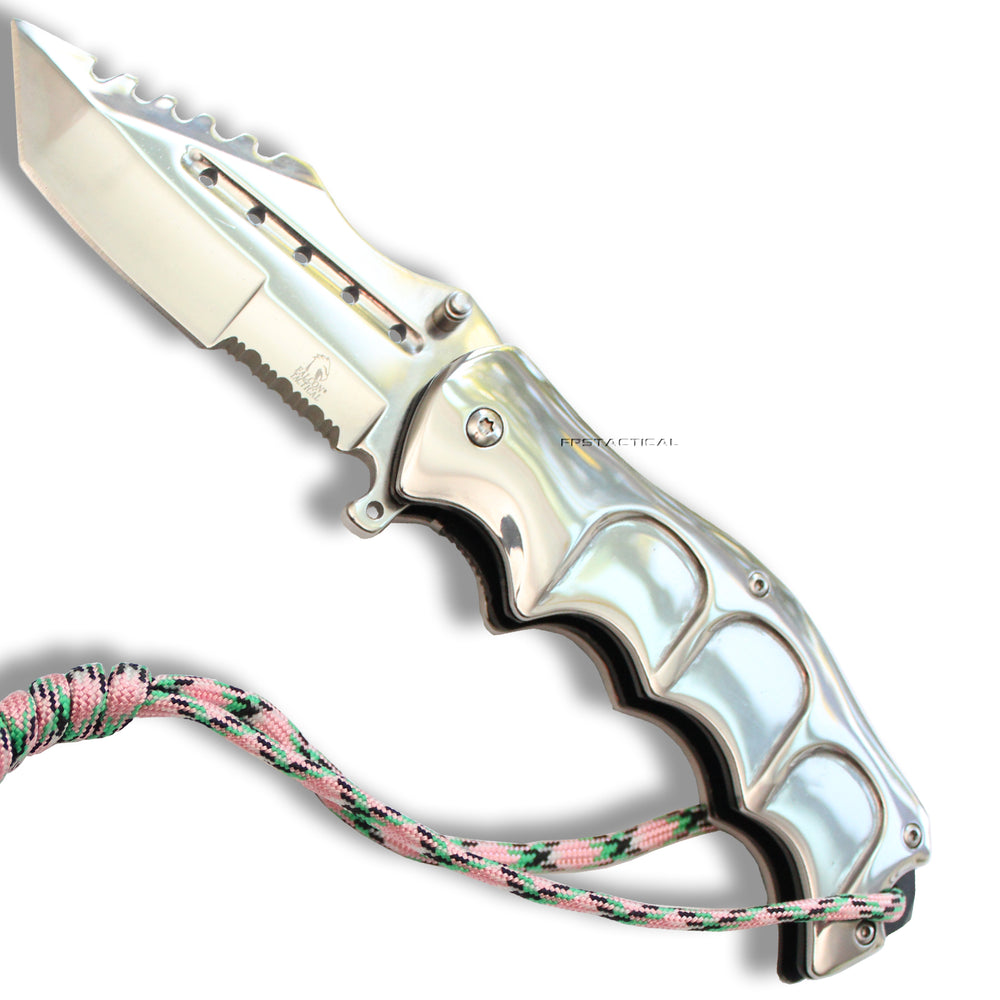 Falcon Elite Mirror / Chrome Spring Assisted Survival Knife w Tanto Blade and Paracord 3.75