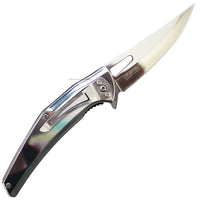 Falcon Trailing Point Silver Mirror Finish Spring Assisted Fishing & Hunting Knife 4"