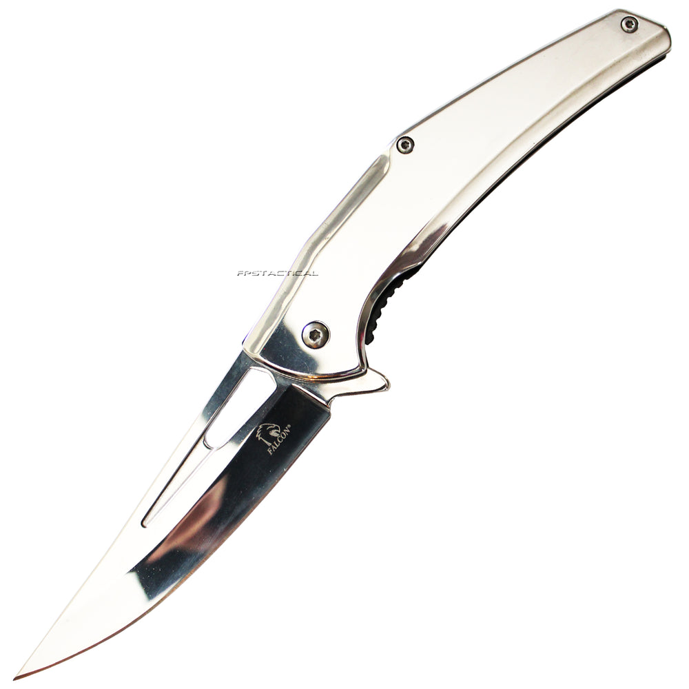 Falcon Trailing Point Silver Mirror Finish Spring Assisted Fishing & Hunting Knife 4