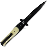 Falcon Black Spring Assisted Stiletto Knife with Faux Ivory Off-White Scales 3.75"