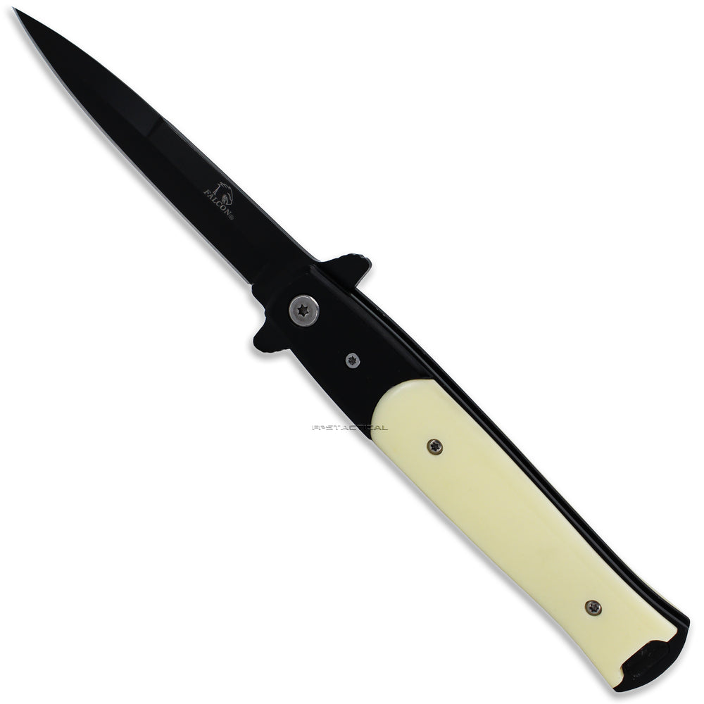 Falcon Black Spring Assisted Stiletto Knife with Faux Ivory Off-White Scales 3.75
