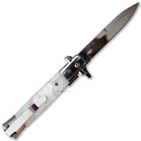 Falcon Mirror / Chrome with White Pearl Spring Assisted Stiletto Knife 3.75"
