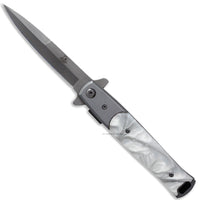 Falcon Silver and White Pearlex Spring Assisted Stiletto Knife 3.75"
