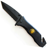 Pacific Solutions Police Logo Spring Assisted Textured Rescue Knife Black Brushed Aluminum 3.75"
