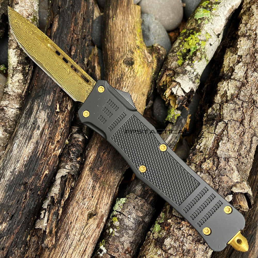 FPSTACTICAL Aureate OTF Knife Black & Gold w Damascus Blade and Rubberized Handle 3.5