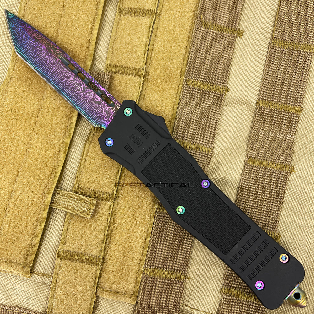 FPSTACTICAL Chimera OTF Knife Black & Iridescent (Rainbow) w Damascus Blade and Rubberized Handle 3.5