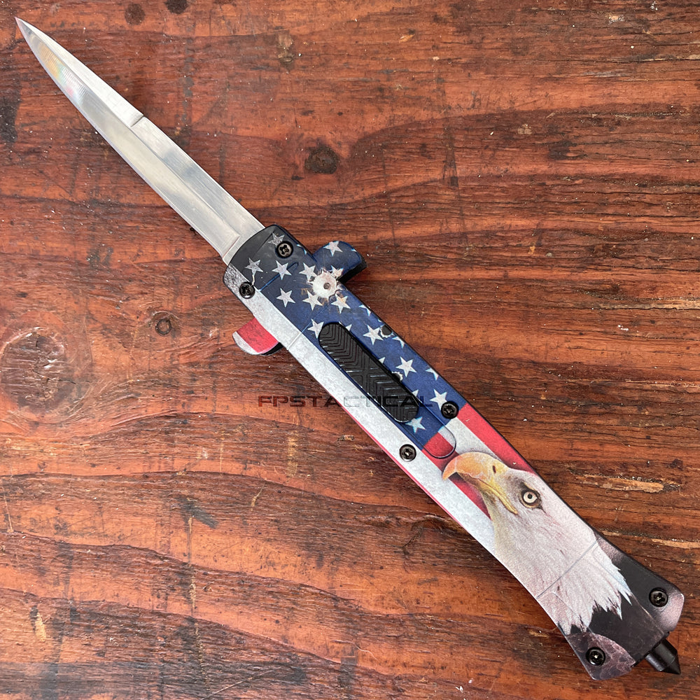 FPSTACTICAL Salute USA Automatic OTF Switchblade Stiletto Knife Black w Bald Eagle / American Flag Scales 3.75