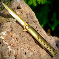 Falcon Elite Series Mirror Finish Gold Spring Assisted Stiletto Knife 4"
