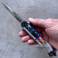 FPSTACTICAL Salute USA Automatic OTF Switchblade Stiletto Knife Black w Bald Eagle / American Flag Scales 3.75"
