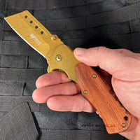 MTech USA Cleaver Spring Assisted Pocket Knife with Gold Blade and Wood Handle MT-A1050GD