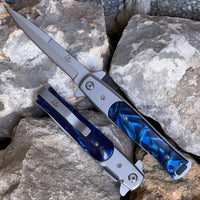 Falcon Silver and Blue Pearlex / Marble Spring Assisted Stiletto Knife 3.75"
