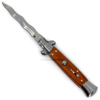 FPSTACTICAL Coppice Curved Kris Blade Italian Style Stiletto Switchblade Mirror / Chrome with Wooden Scales 4"
