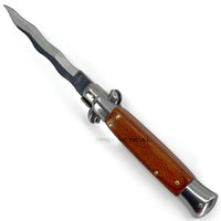 FPSTACTICAL Coppice Curved Kris Blade Italian Style Stiletto Switchblade Mirror / Chrome with Wooden Scales 4"
