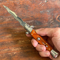 FPSTACTICAL Coppice Curved Kris Blade Italian Style Stiletto Switchblade Mirror / Chrome with Wooden Scales 4"
