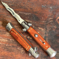 FPSTACTICAL Coppice Curved Kris Blade Italian Style Stiletto Switchblade Mirror / Chrome with Wooden Scales 4"
