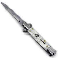 FPSTACTICAL Setan Curved Kris Blade Italian Style Stiletto Switchblade Mirror / Chrome with White Marble / Pearlex Scales 4"
