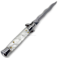 FPSTACTICAL Setan Curved Kris Blade Italian Style Stiletto Switchblade Mirror / Chrome with White Marble / Pearlex Scales 4"
