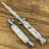 FPSTACTICAL Setan Curved Kris Blade Italian Style Stiletto Switchblade Mirror / Chrome with White Marble / Pearlex Scales 4"
