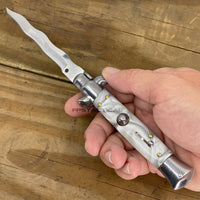 FPSTACTICAL Setan Curved Kris Blade Italian Style Stiletto Switchblade Mirror / Chrome with White Marble / Pearlex Scales 4"
