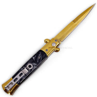 FPSTACTICAL Pallid Italian Style Stiletto Switchblade Gold with Black Marble / Pearlex Inlays 4"
