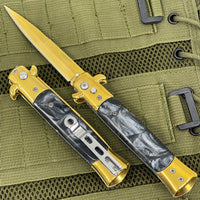 FPSTACTICAL Pallid Italian Style Stiletto Switchblade Gold with Black Marble / Pearlex Inlays 4"
