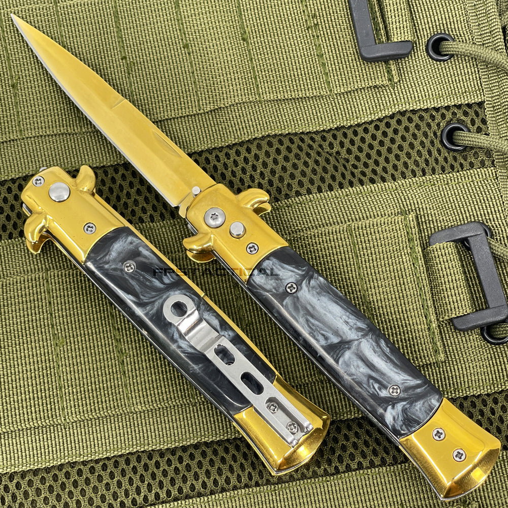 FPSTACTICAL Pallid Italian Style Stiletto Switchblade Gold with Black Marble / Pearlex Inlays 4