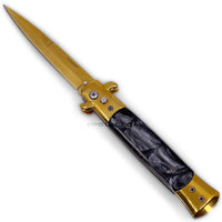 FPSTACTICAL Pallid Italian Style Stiletto Switchblade Gold with Black Marble / Pearlex Inlays 4"
