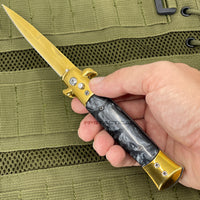 FPSTACTICAL Pallid Italian Style Stiletto Switchblade Gold with Black Marble / Pearlex Inlays 4"
