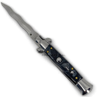 FPSTACTICAL Careen Curved Kris Blade Italian Style Stiletto Switchblade Mirror / Chrome with Gray Marble / Pearlex Scales 4"
