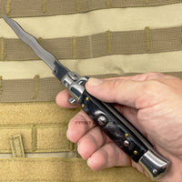 FPSTACTICAL Careen Curved Kris Blade Italian Style Stiletto Switchblade Mirror / Chrome with Gray Marble / Pearlex Scales 4"
