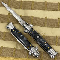 FPSTACTICAL Careen Curved Kris Blade Italian Style Stiletto Switchblade Mirror / Chrome with Gray Marble / Pearlex Scales 4"
