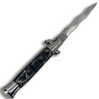 FPSTACTICAL Careen Curved Kris Blade Italian Style Stiletto Switchblade Mirror / Chrome with Gray Marble / Pearlex Scales 4"
