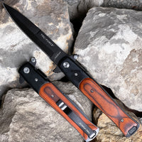 Tac-Force Milano Spring Assisted Stiletto Pocket Knife Black with Wooden Scales 3.75"