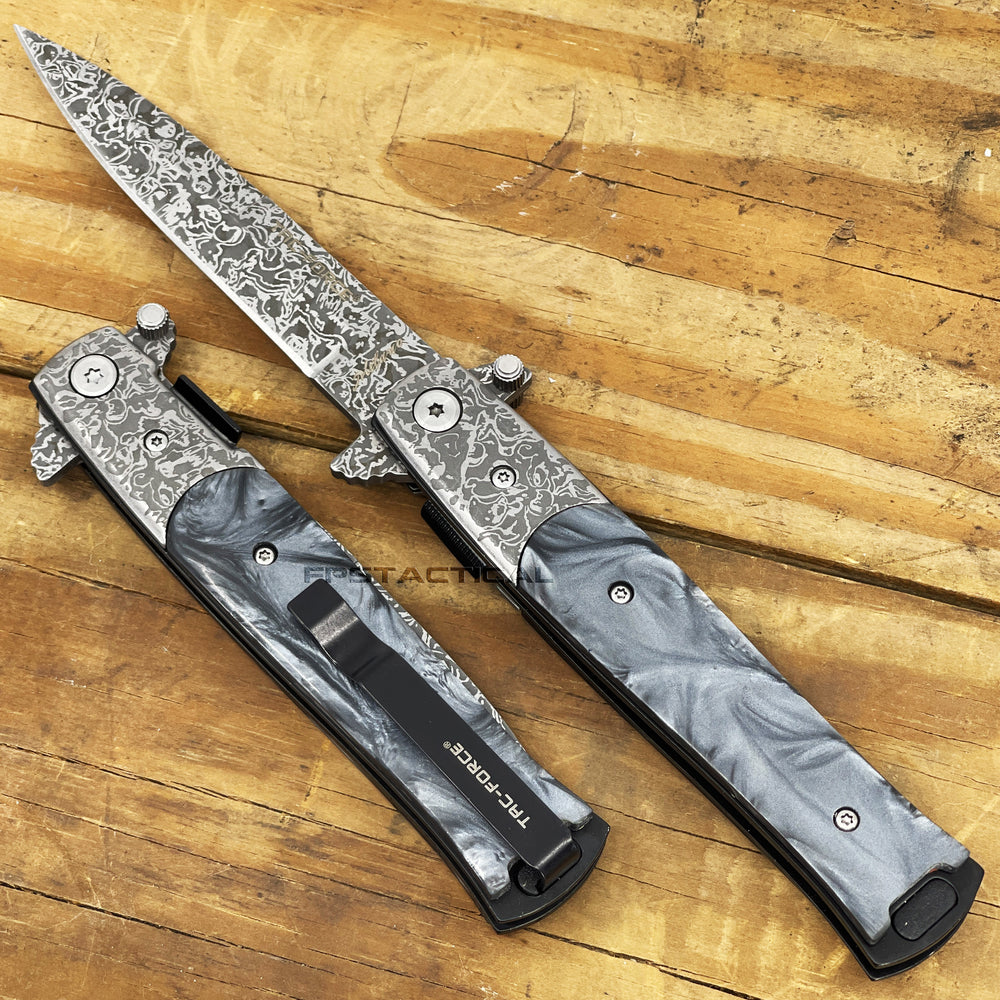 Tac-Force Damascus Silver and Black / Gray Marble (Pearlex) Spring Assisted Stiletto Knife 4
