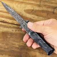 Tac-Force Damascus Silver and Black / Gray Marble (Pearlex) Spring Assisted Stiletto Knife 4"