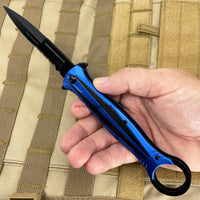 Tac-Force 10" Blue and Black Stiletto Spring Assisted Knife with Retention / Thumb Ring 4.25" Blade

