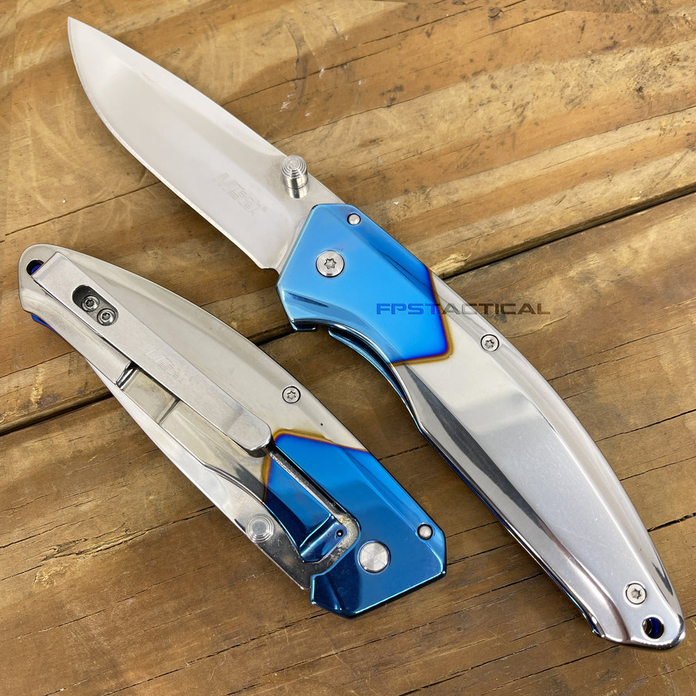 MTech USA Ball Bearing Chrome / Silver / Blue Manual Folding Pocket Knife w Tinite Coating 3.5