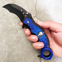 Pacific Solutions KS1682BL Police Punisher Skull Spring Assist Karambit Knife Black Blue Textured Polymer G10 Scales 2.75"
